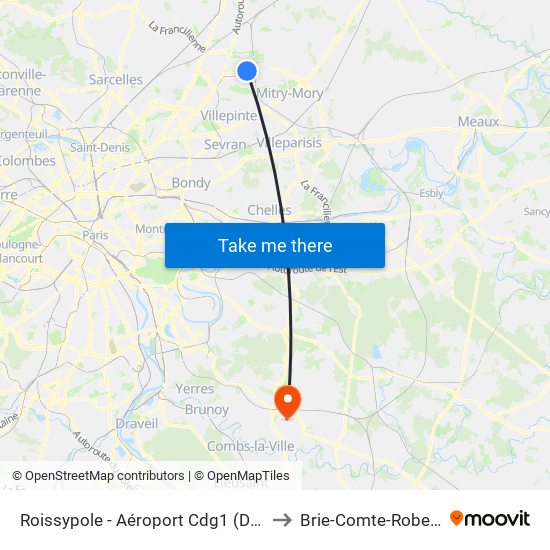 Roissypole - Aéroport Cdg1 (D3) to Brie-Comte-Robert map