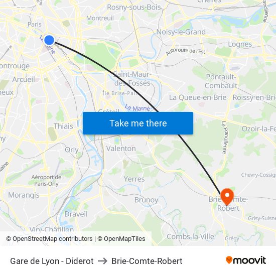 Gare de Lyon - Diderot to Brie-Comte-Robert map