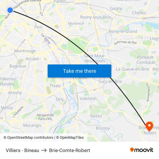 Villiers - Bineau to Brie-Comte-Robert map
