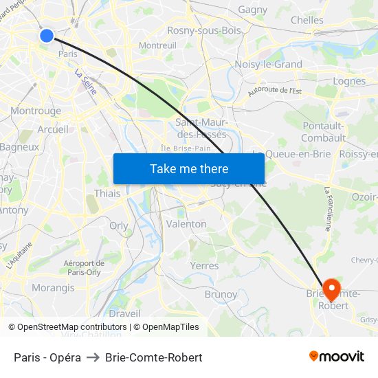 Paris - Opéra to Brie-Comte-Robert map