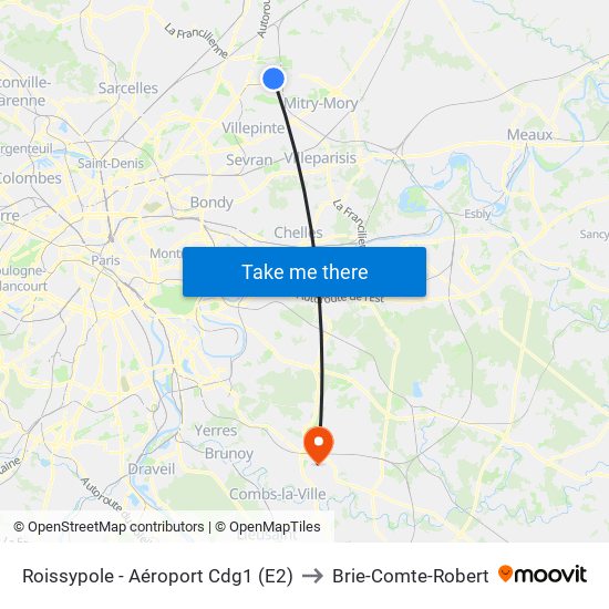 Roissypole - Aéroport Cdg1 (E2) to Brie-Comte-Robert map