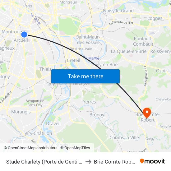 Stade Charléty (Porte de Gentilly) to Brie-Comte-Robert map