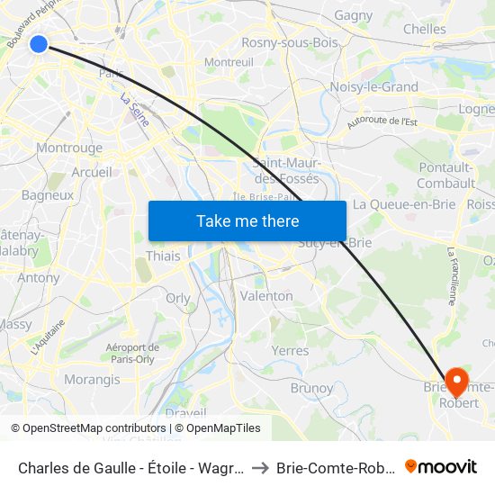 Charles de Gaulle - Étoile - Wagram to Brie-Comte-Robert map