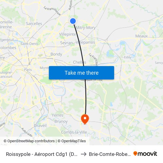 Roissypole - Aéroport Cdg1 (D1) to Brie-Comte-Robert map