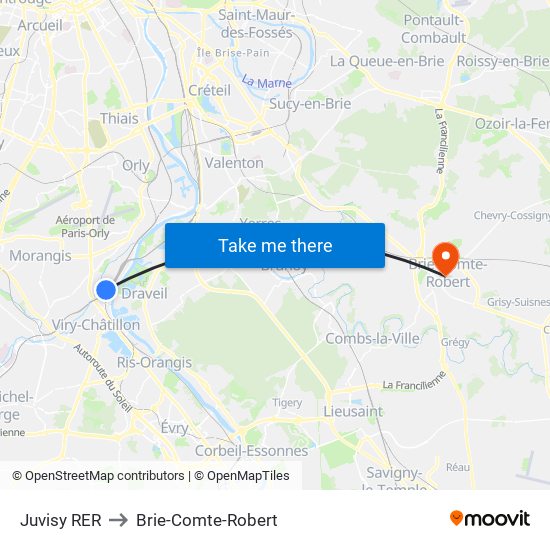 Juvisy RER to Brie-Comte-Robert map
