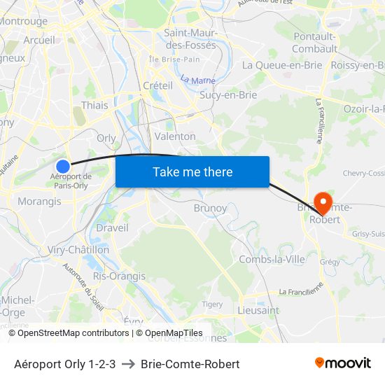 Aéroport Orly 1-2-3 to Brie-Comte-Robert map
