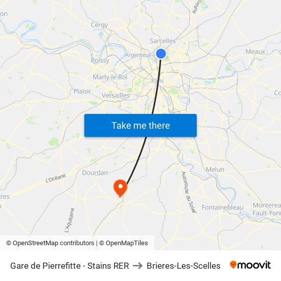 Gare de Pierrefitte - Stains RER to Brieres-Les-Scelles map