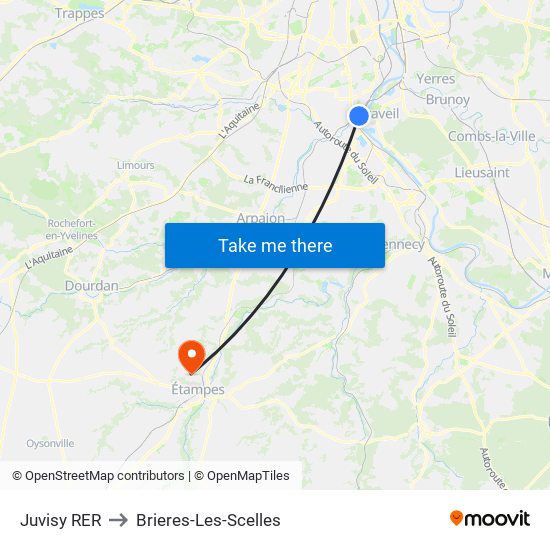 Juvisy RER to Brieres-Les-Scelles map