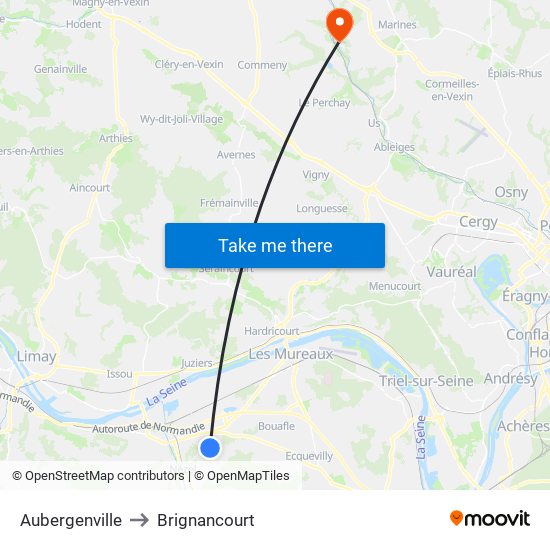 Aubergenville to Brignancourt map