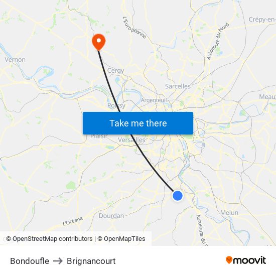 Bondoufle to Brignancourt map