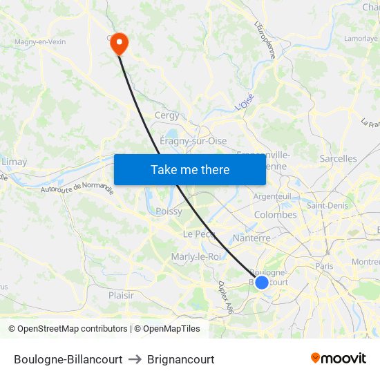 Boulogne-Billancourt to Brignancourt map