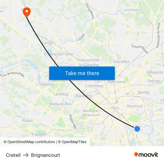 Creteil to Brignancourt map