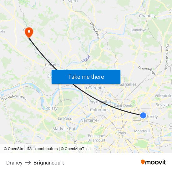 Drancy to Brignancourt map