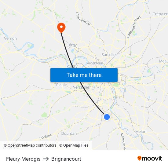 Fleury-Merogis to Brignancourt map