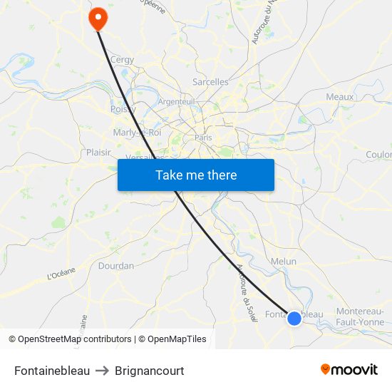 Fontainebleau to Brignancourt map