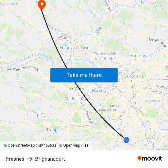Fresnes to Brignancourt map