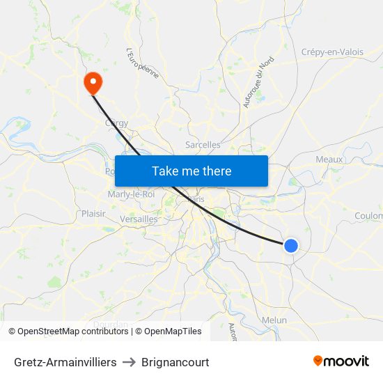 Gretz-Armainvilliers to Brignancourt map