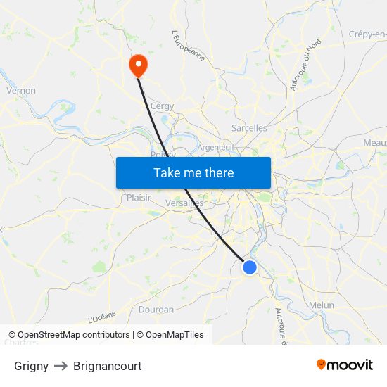 Grigny to Brignancourt map