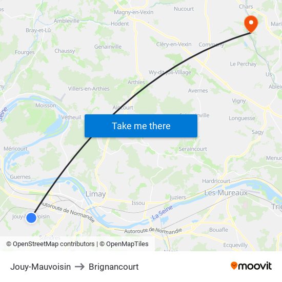 Jouy-Mauvoisin to Brignancourt map