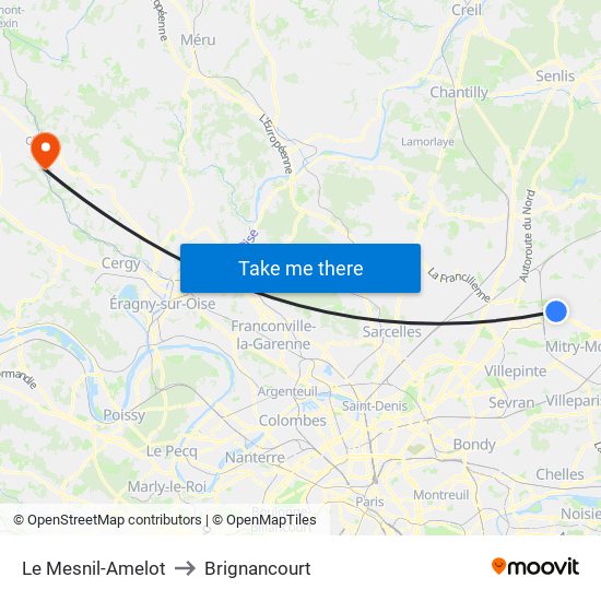 Le Mesnil-Amelot to Brignancourt map