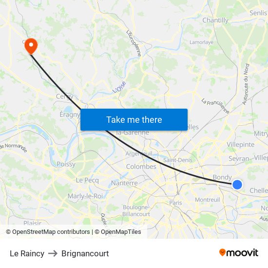 Le Raincy to Brignancourt map