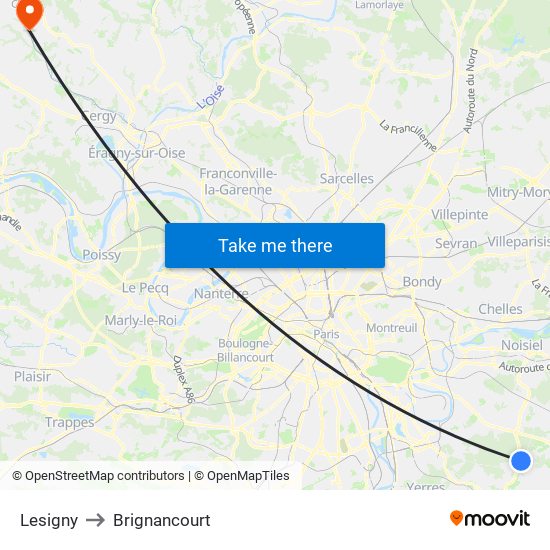 Lesigny to Brignancourt map