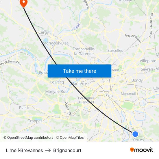 Limeil-Brevannes to Brignancourt map