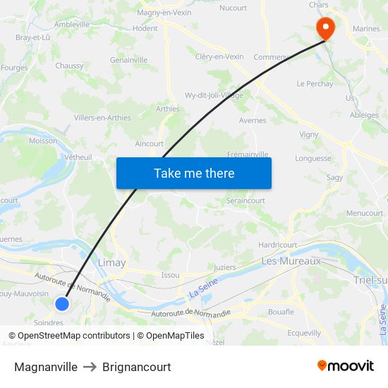 Magnanville to Brignancourt map