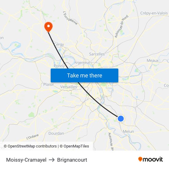 Moissy-Cramayel to Brignancourt map