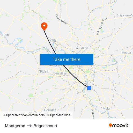 Montgeron to Brignancourt map