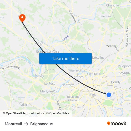 Montreuil to Brignancourt map