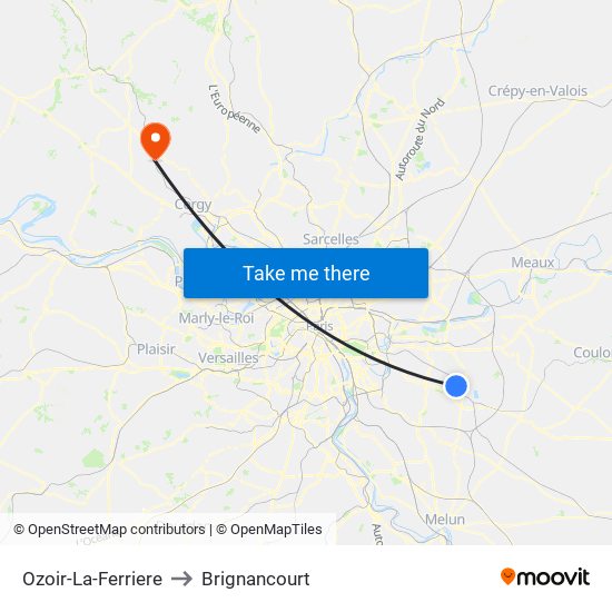 Ozoir-La-Ferriere to Brignancourt map