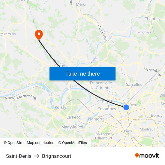 Saint-Denis to Brignancourt map