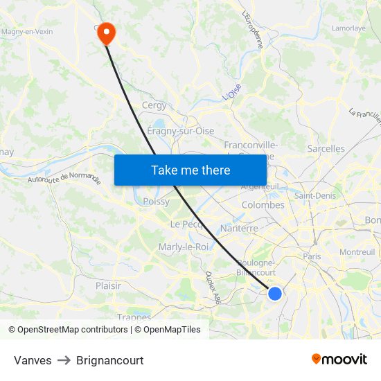 Vanves to Brignancourt map