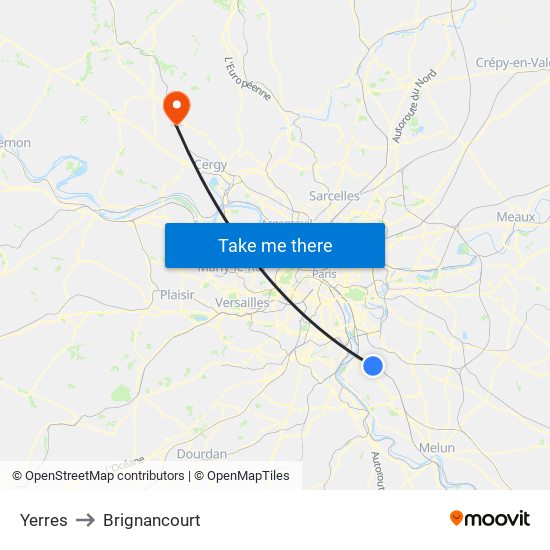 Yerres to Brignancourt map