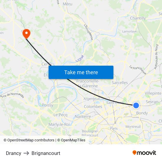 Drancy to Brignancourt map