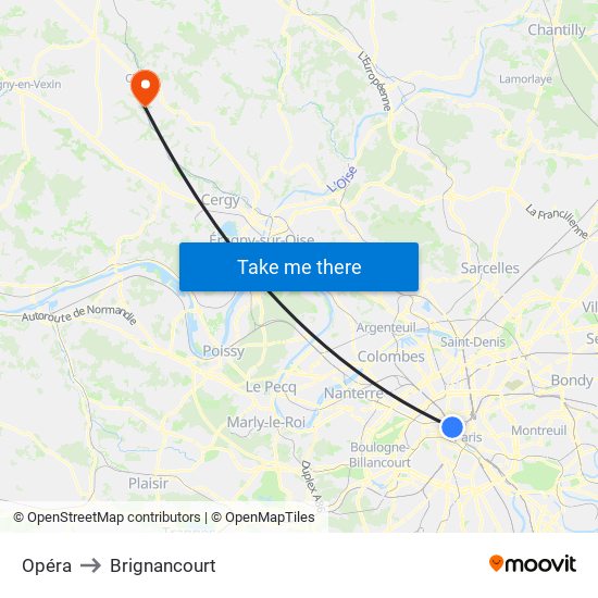 Opéra to Brignancourt map