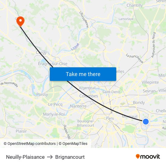 Neuilly-Plaisance to Brignancourt map