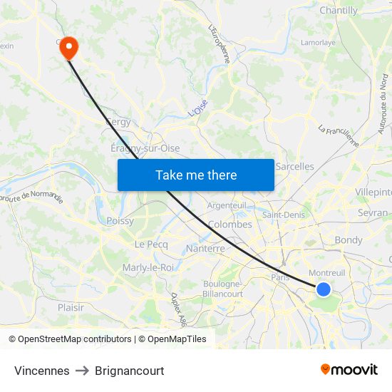Vincennes to Brignancourt map