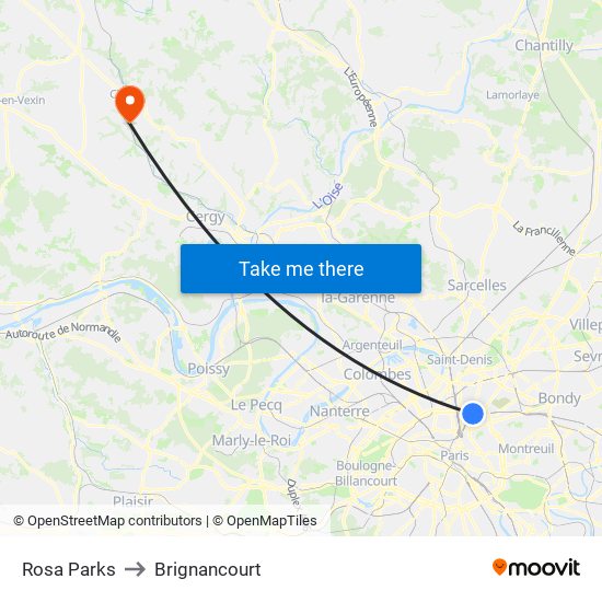 Rosa Parks to Brignancourt map