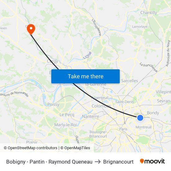 Bobigny - Pantin - Raymond Queneau to Brignancourt map