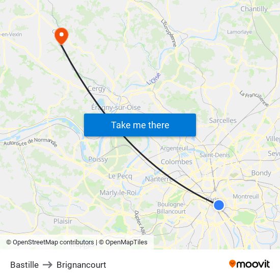 Bastille to Brignancourt map