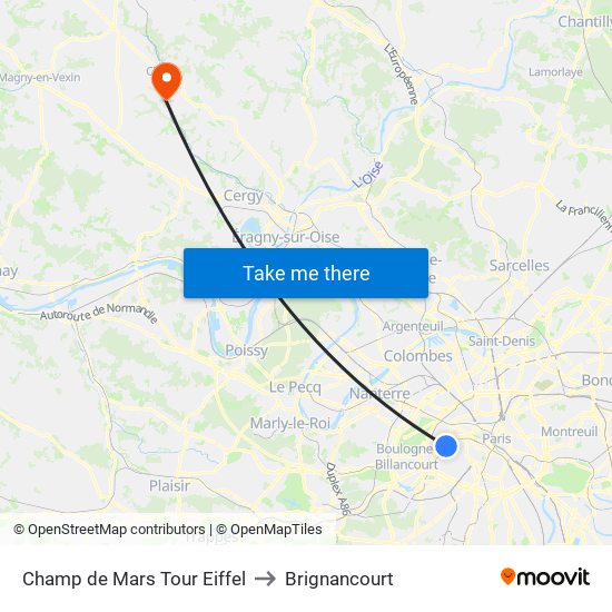 Champ de Mars Tour Eiffel to Brignancourt map