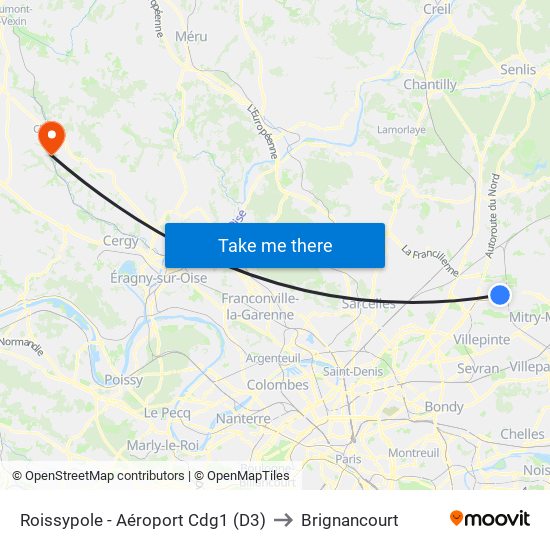 Roissypole - Aéroport Cdg1 (D3) to Brignancourt map