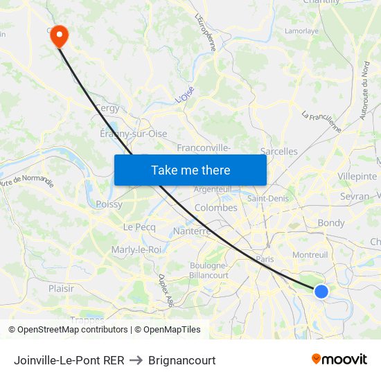 Joinville-Le-Pont RER to Brignancourt map