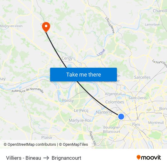 Villiers - Bineau to Brignancourt map