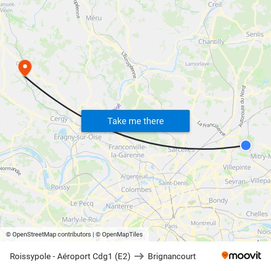 Roissypole - Aéroport Cdg1 (E2) to Brignancourt map