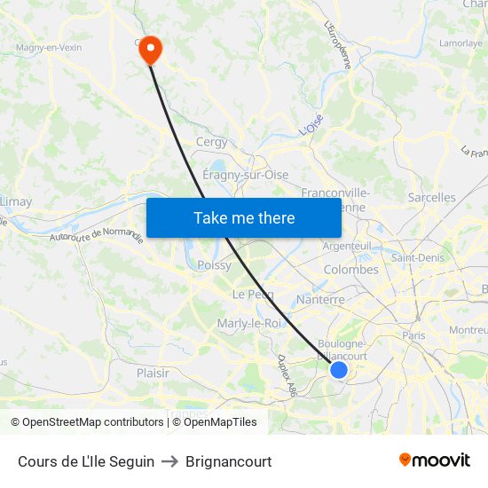 Cours de L'Ile Seguin to Brignancourt map