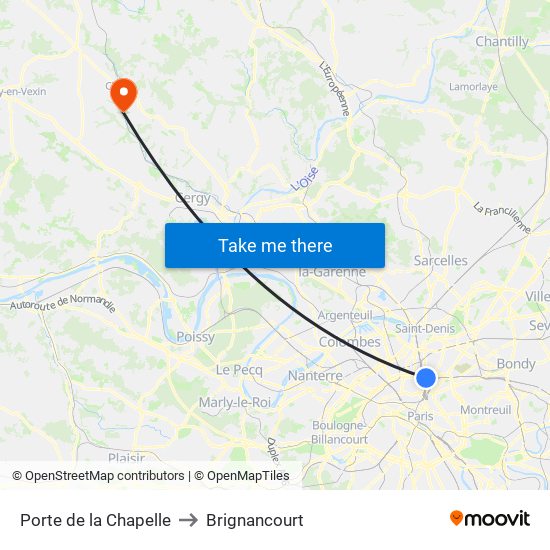 Porte de la Chapelle to Brignancourt map