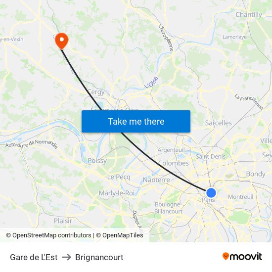 Gare de L'Est to Brignancourt map